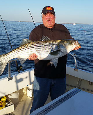 Natural Light Charter Fishing customer holding large Rockfish caught during a Chesapeake Bay charter fishing trip.